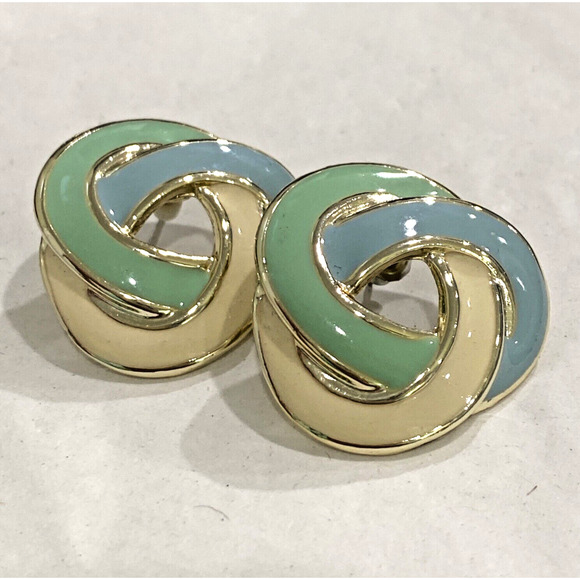 Vintage Pierced Earrings Goldtone Celtic Knot with Green Blue & Cream Enamel - Picture 6 of 6